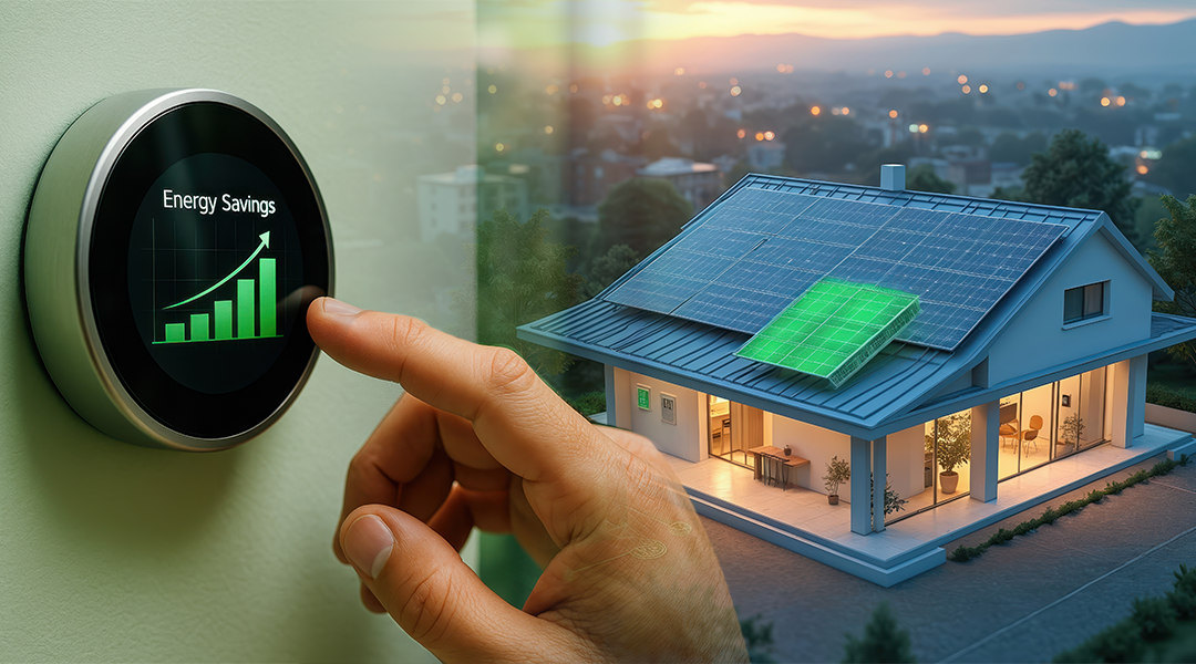 초개인화 에너지, 에너지 소비의 새로운 트렌드 2 손이 ‘Energy Savings’라고 표시된 스마트 온도 조절기를 조작하는 모습과 옆에 태양광 패널이 설치된 주택. 효율적인 에너지 관리와 절약을 표현